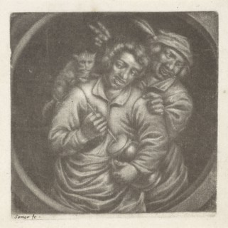 Rommelpotspeler, friction drum player, with a cat, Jan van Somer, Adriaen Brouwer, 1655 - 1700