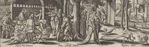 The prodigal son squanders his money, Julius Goltzius, Claes Jansz. Visscher (II), c. 1560 - 1595