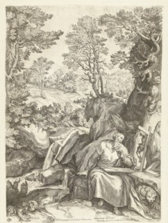 Landscape with St. Jerome who translates the Bible, Cornelis Cort, Carlo Losi, 1573