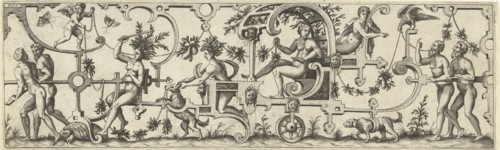 Chariot with a woman, pulled by two men, a turtle and a dog