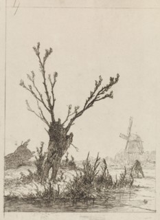 Skater with sled in a willow, Johannes Franciscus Hoppenbrouwers, 1829 - 1866
