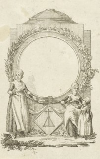 Vignette with women and girl with medallion, print maker: Rienk Jelgerhuis, 1744 - 1806