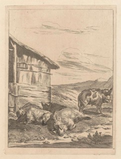 Landscape with boar before a stable, Anonymous, 1643 - 1692