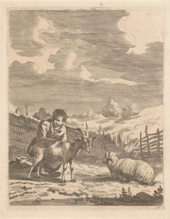 Young shepherd with a sheep and a goat, print maker: Anonymous, 1643 - 1692