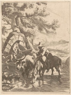 Shepherd boy at a stream, print maker: Jan de Visscher, Nicolaes Pietersz. Berchem, 1643 - 1692