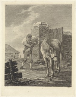 Man with bag on shoulder near unsaddled horse, Joannes Bemme, Jan Anthonie Langendijk Dzn,