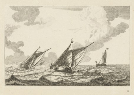 Three sailboats on a rough sea, Anonymous, Reinier Nooms, 1700 - 1799