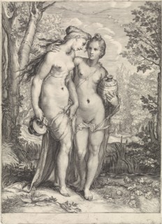 Two of Diana's nymphs with pitchers, Jan Saenredam, Hendrick Goltzius, 1616