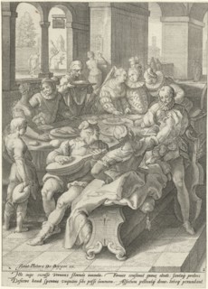 The prodigal son squanders his money on prostitutes, Jacob Matham, Franco Estius, Joost Pieters de