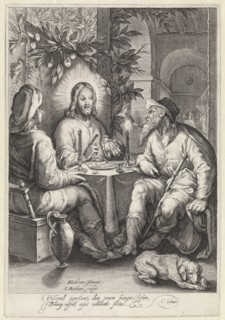 Meal at Emmaus, print maker: Jacob Matham, Hendrick Goltzius, Cornelius Schonaeus, 1604 - 1608