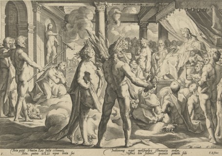 Phaethon asks his father if he could ride in his wagon, Hendrick Goltzius, Franco Estius, 1590