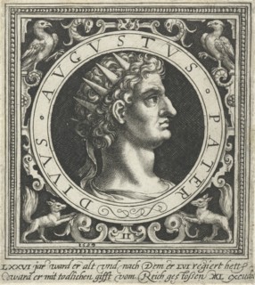 Portrait of Emperor Augustus on medallion, print maker: Nicolaes de Bruyn, Nicolaes de Bruyn,