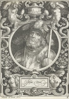 Portrait of Joshua medallion inside rectangular frame with ornaments, Nicolaes de Bruyn, 1594