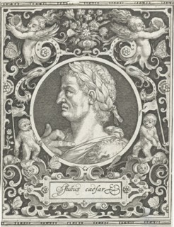 Portrait of Julius Caesar in medallion inside rectangular frame with ornaments, Nicolaes de Bruyn,