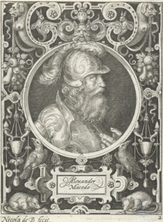 Portrait of Alexander the Great in medallion inside rectangular frame with ornaments, Nicolaes de