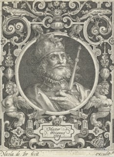Portrait of Hector of Troy in medallion inside rectangular frame with ornaments, print maker: