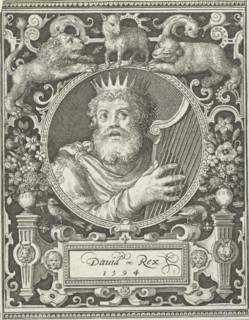 Portrait of King David, medallion inside rectangular frame with ornaments, print maker: Nicolaes de