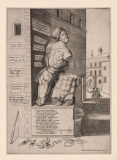 The statue Pasquino, standing on a pedestal in the Piazza di Pasquino in Rome, Italy, Antonio