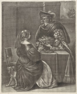 Boy offering a basket of flowers, print maker: Jan van Somer