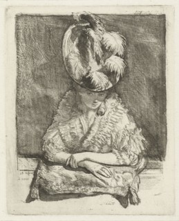 Portrait of a Young Woman with hat looking out of the window, print maker: Louis Bernard Coclers,