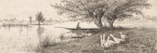 River Landscape with a man in a boat and geese on the bank, Elias Stark, 1887
