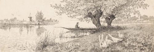 River Landscape with a man in a boat and geese on the bank, Elias Stark, 1887