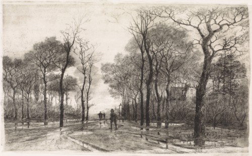 Three people on a road lined with trees, Elias Stark, 1887