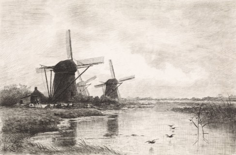 Landscape with three windmills along a canal, Elias Stark, 1887
