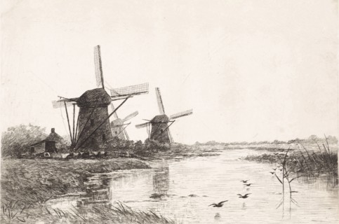 Landscape with three windmills along a canal, Elias Stark, 1887