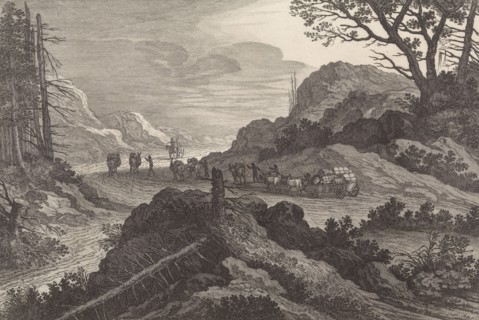 Mules on a road, print maker: Pieter Nolpe, Adriaen van Nieulandt I, Nicolaes Visscher I, 1623 -