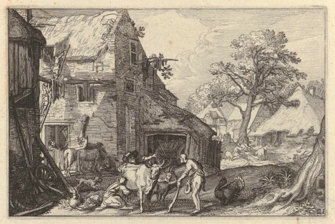 Farmyard with people and livestock, Claes Jansz. Visscher (II), Abraham Bloemaert, Jan Saenredam,