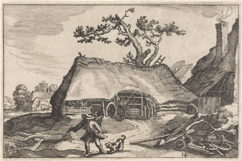 A farm, a man and a barking dog, Claes Jansz. Visscher II, Abraham Bloemaert, Boetius Adamsz.