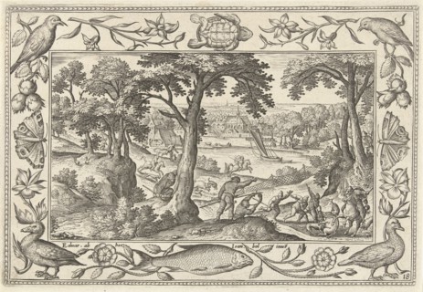 Boar Hunt, print maker: Adriaen Collaert, Hans Bol, Eduwart van Hoeswinckel, 1582 - 1586