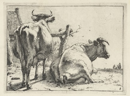 Two cows seen from behind, print maker: Paulus Potter, Paulus Potter, Frederik de Wit possibly,