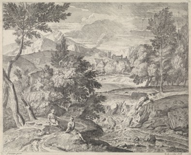 Arcadian landscape with two figures at a waterfall, Richard van Orley, 1678 - 1732
