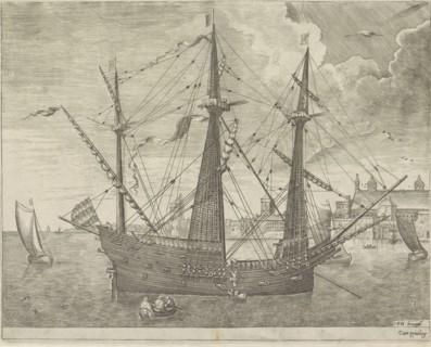 Three-master anchor at a town, Frans Huys, unknown, 1561-1565