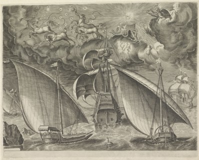 Two galleys behind a three-master, airborne fall of Phaeton, Pieter Brueghel (I), 1561 - 1565