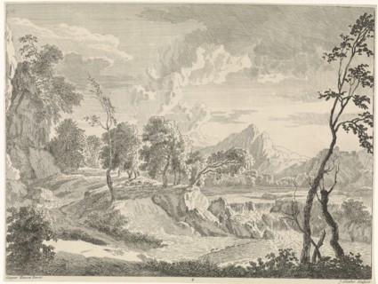 Hilly landscape with a waterfall, Johannes Glauber, 1656 - 1726