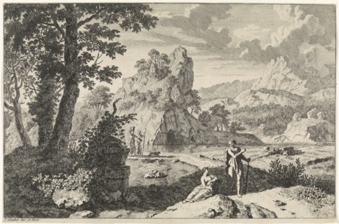 Arcadian landscape with ruins, print maker: Johannes Glauber, Johannes Glauber, 1656 - 1726