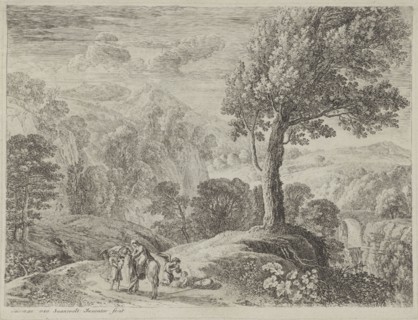 Joseph helps Mary off the donkey, print maker: Herman van Swanevelt, 1623 - 1655
