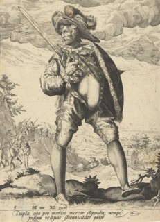 Soldier with sword and shield, print maker: Anonymous, Jacob de Gheyn II, Hendrick Goltzius, 1587 -