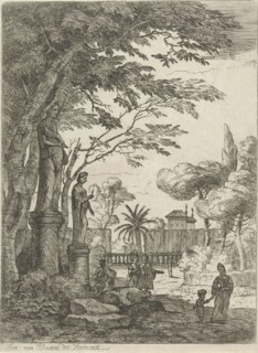 Italianate landscape with two images and hikers in park, Jan Frans van Bloemen, 1689 - 1749