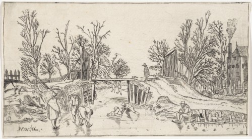 Skaters near a wooden bridge, Nicolaes Cornelisz. Witsen, Esaias van de Velde, 1660