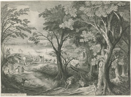 Highwaymen robbery travelers in a landscape, Jan van Londerseel, Claes Jansz. Visscher (II), 1601 -