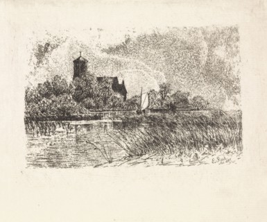 View of the Sint Urbanuskerk in Bovenkerk with on the water a sailing boat, The Netherlands, Elias