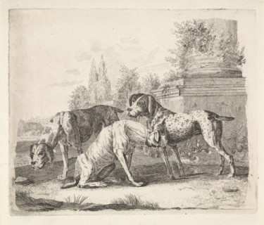 Three dogs at the foot of a pillar, William Bikker-Top, 1806 - 1867