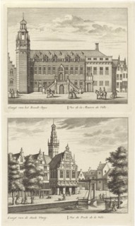 Two views in Alkmaar with the City Hall and de waag, The Netherlands, Leonard Schenk, Abraham