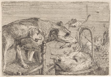 Two dogs and a basket with food, print maker: Anonymous, Frans Snijders, 1593 - 1707