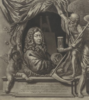 Self Portrait of Michiel van Musscher in allegorical frame, Michiel van Musscher, 1685
