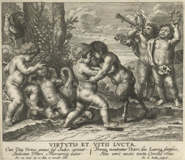 Allegory with combat between putto satyr and child as virtue and vice, Pieter de Bailliu I, Peter